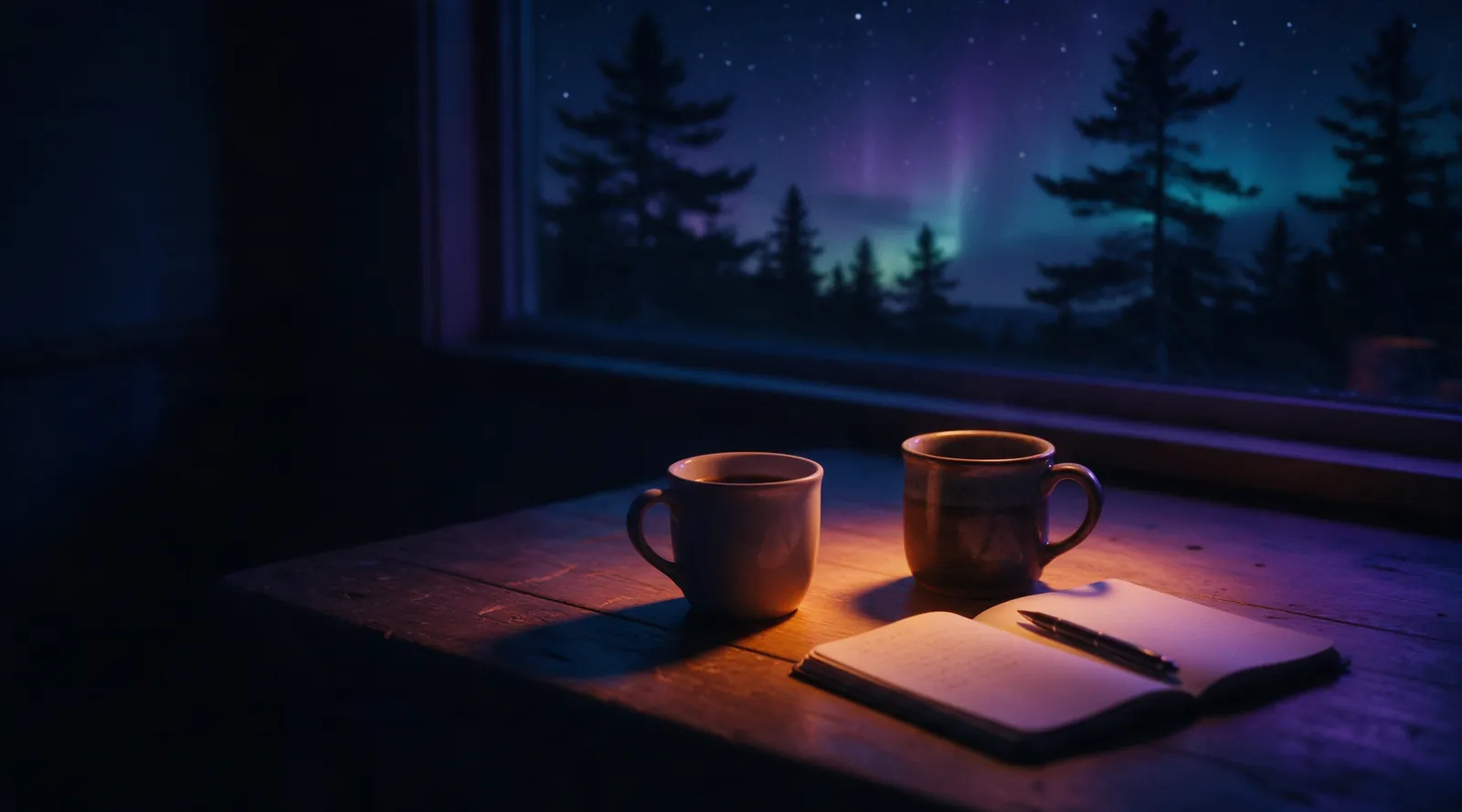 Two coffee mugs and a notebook on a table by a window at night