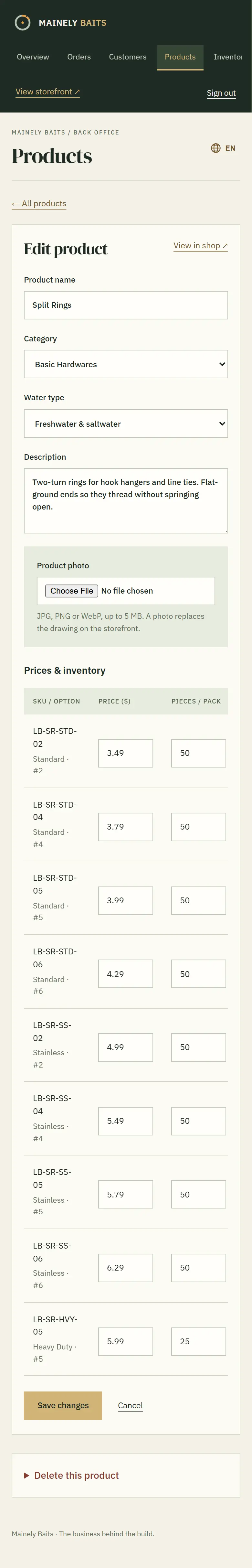 Product editor screen in the Mainely Baits back office, on a phone