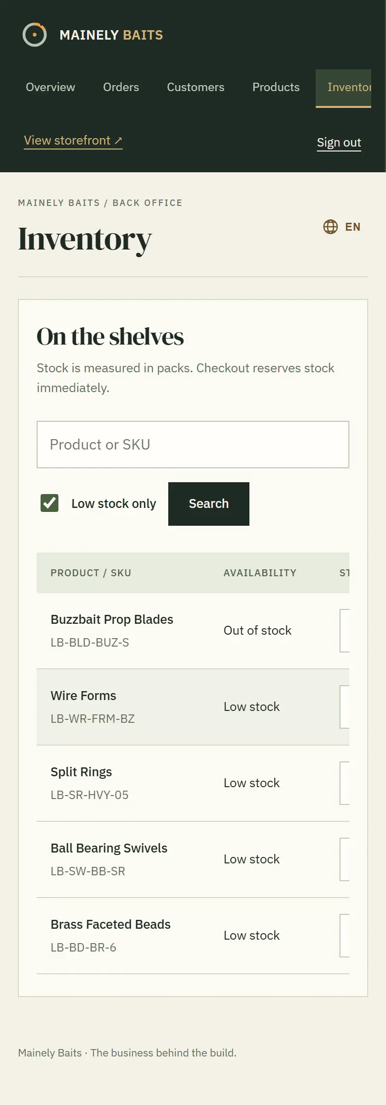 Inventory screen in the Mainely Baits back office, on a phone