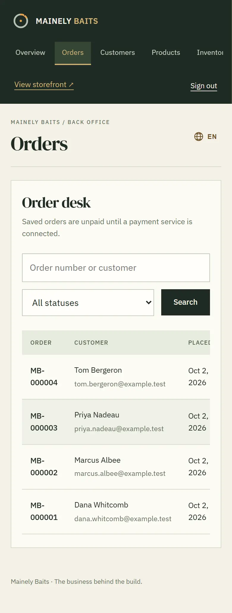 Order desk screen in the Mainely Baits back office, on a phone