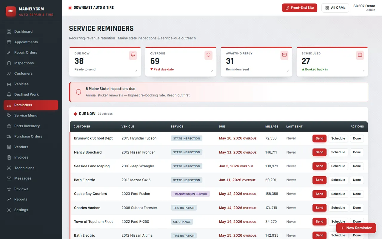 Reminders in the Downeast Auto & Tire system, sample data