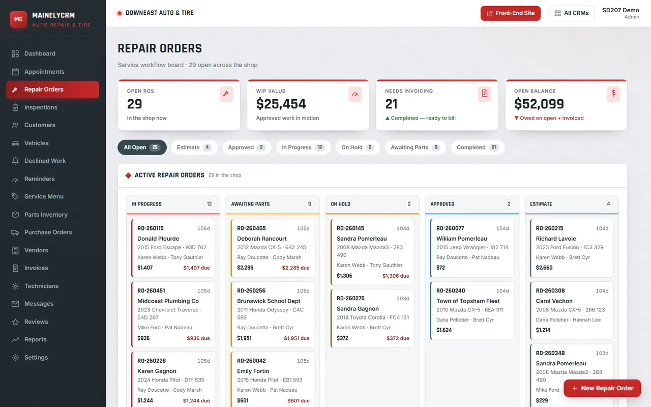 Repair Orders in the Downeast Auto & Tire system, sample data