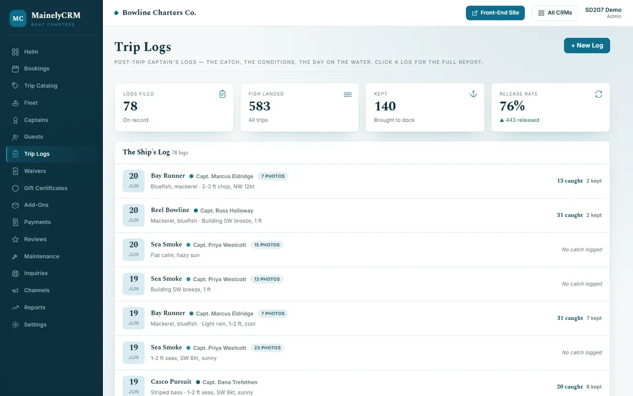 Trip Logs in the Bowline Charters Co. system, sample data