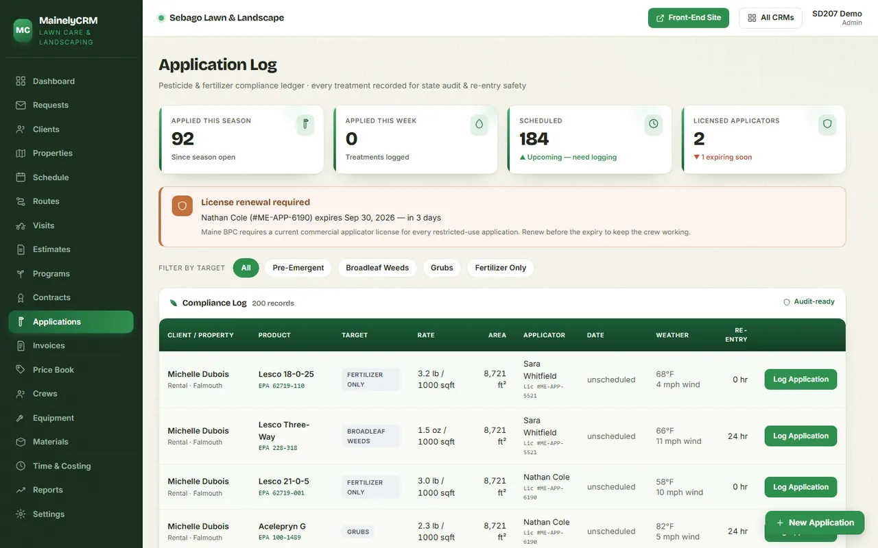 Applications in the Sebago Lawn & Landscape system, sample data