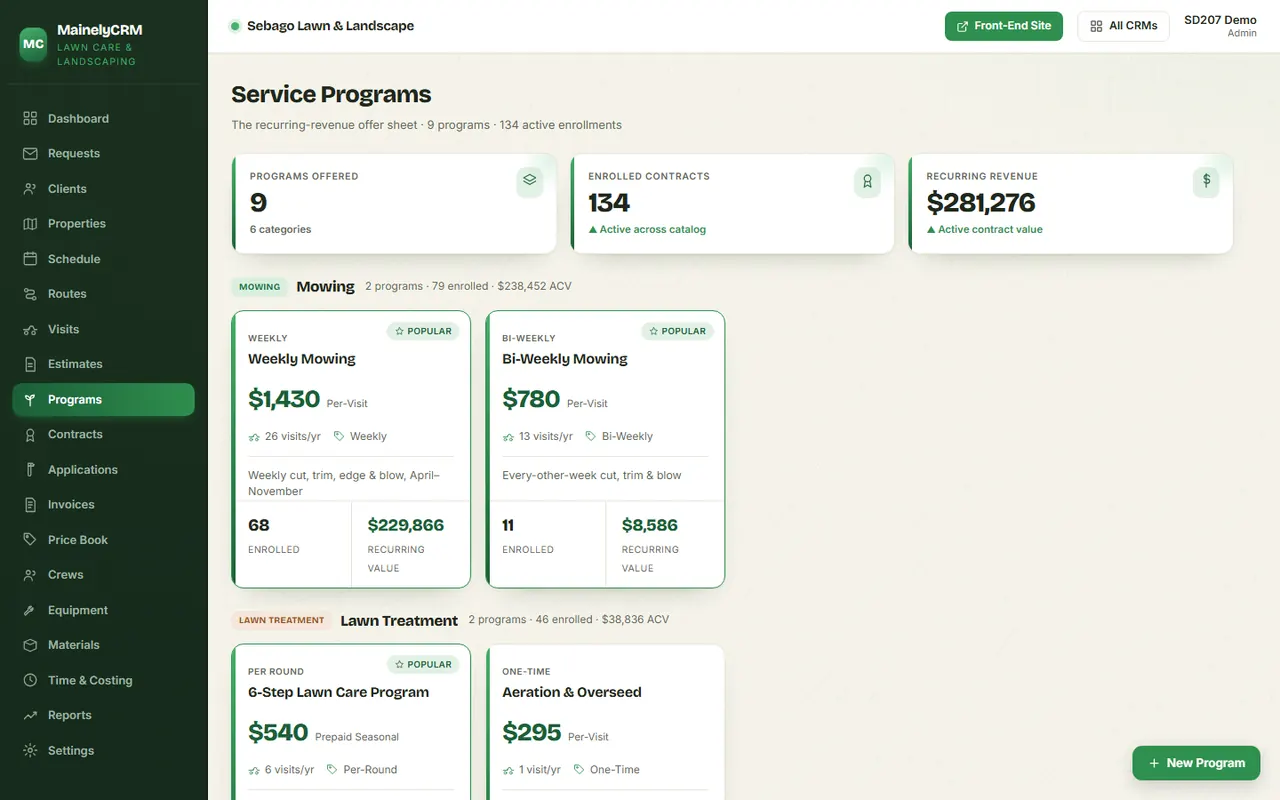 Programs in the Sebago Lawn & Landscape system, sample data