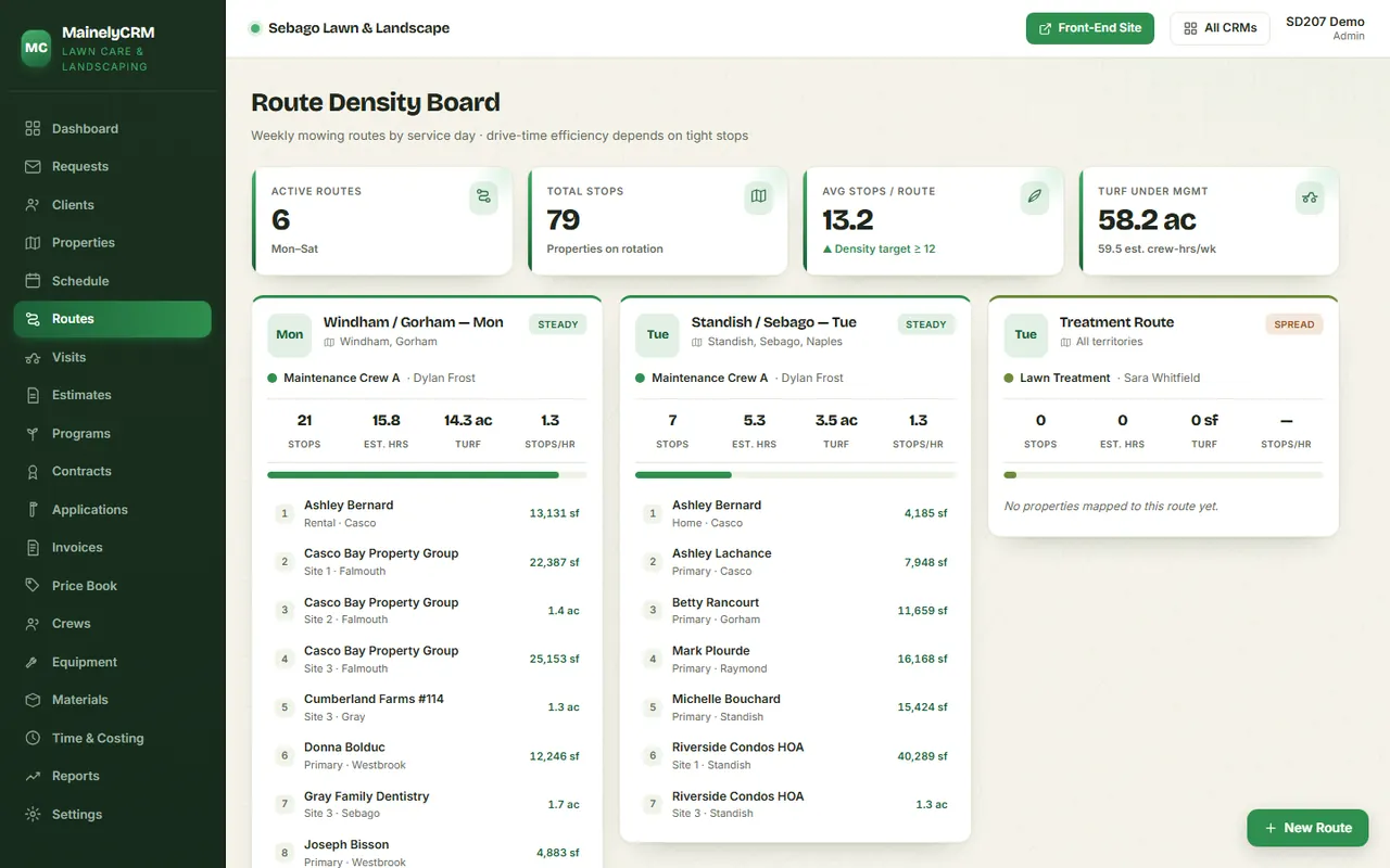 Routes in the Sebago Lawn & Landscape system, sample data