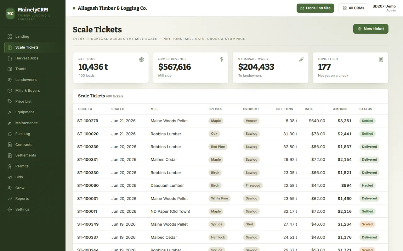 Scale Tickets in the Allagash Timber & Logging system, sample data