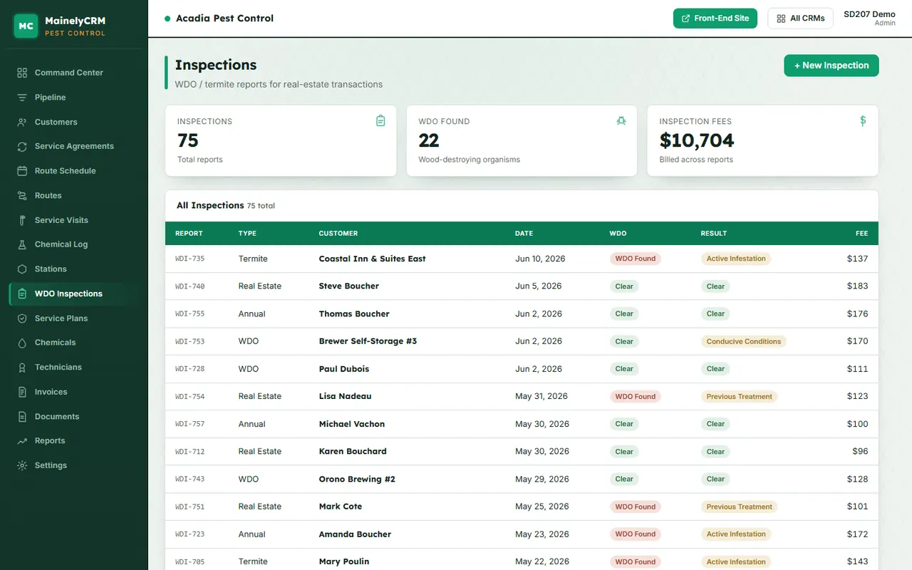 WDO Inspections in the Acadia Pest Control system, sample data