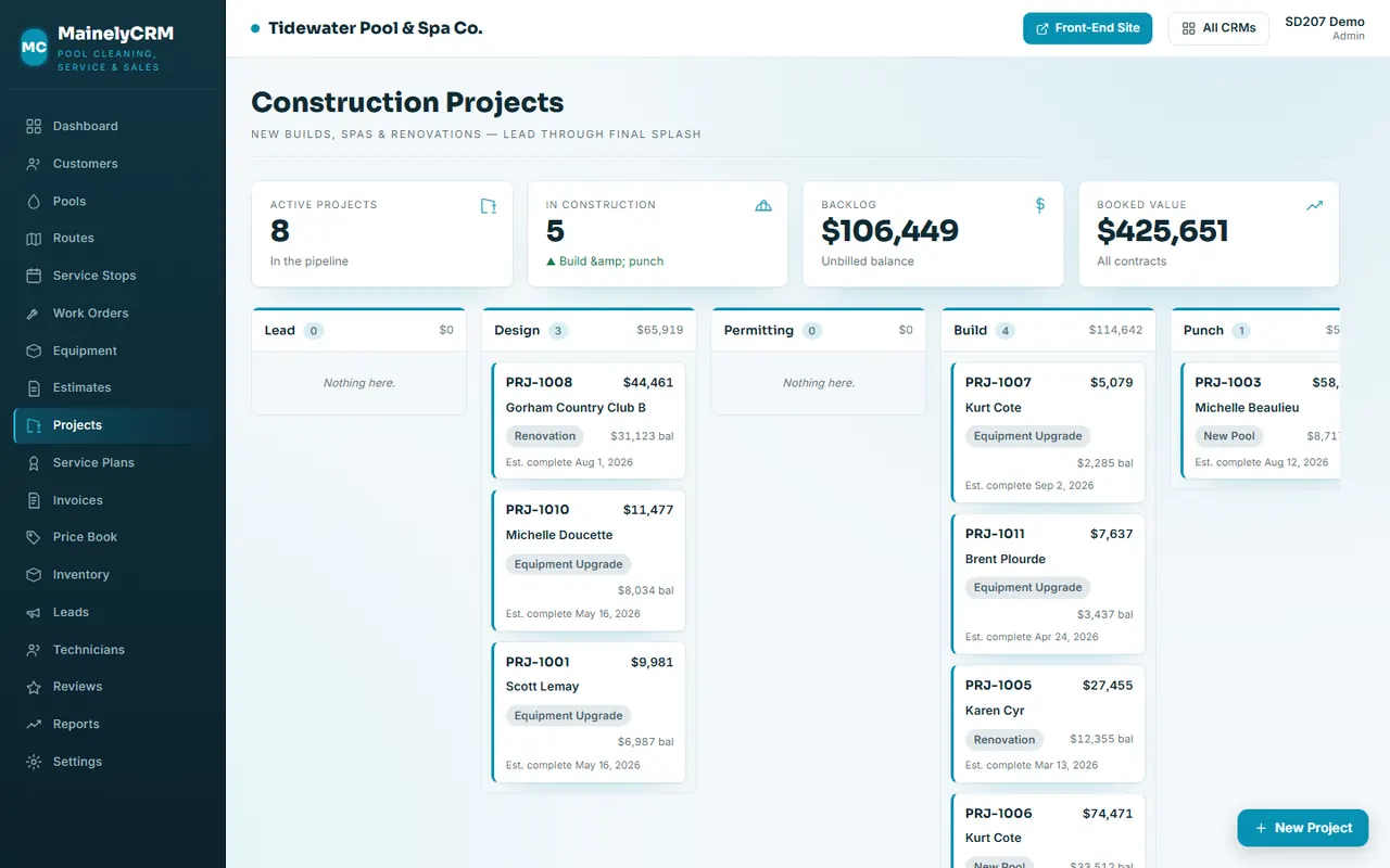 Projects in the Tidewater Pool & Spa Co. system, sample data