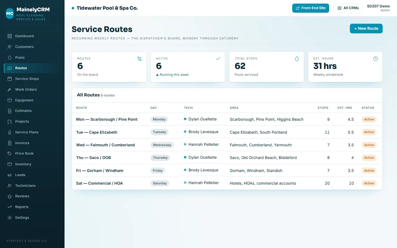 Routes in the Tidewater Pool & Spa Co. system, sample data