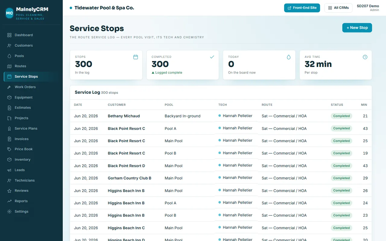 Service Stops in the Tidewater Pool & Spa Co. system, sample data