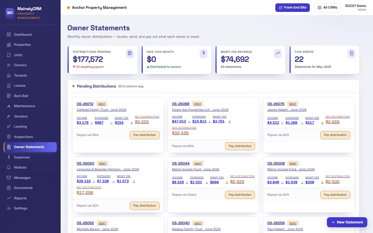 Owner Statements in the Anchor Property Management system, sample data