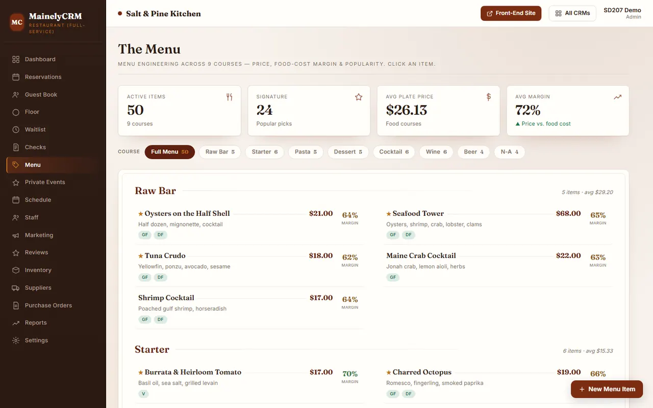 Menu in the Salt & Pine Kitchen system, sample data