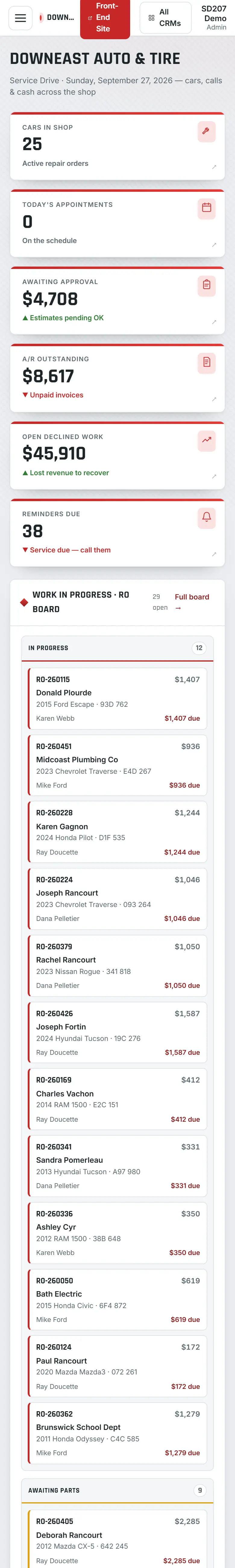 Downeast Auto & Tire business system on a phone, sample data