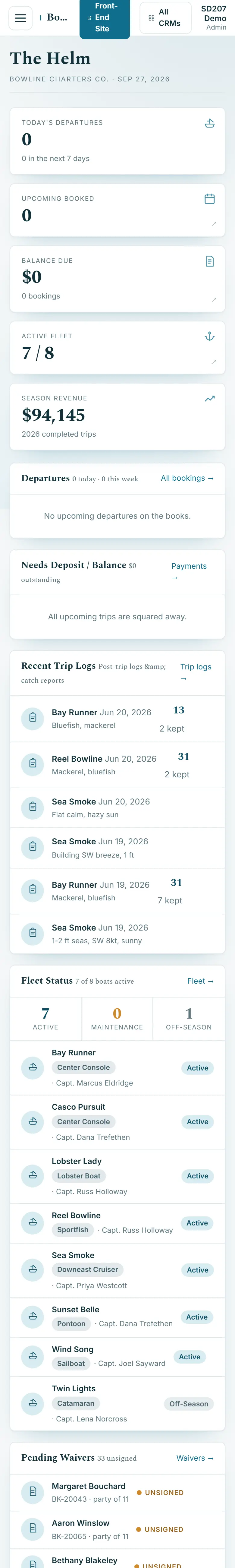 Bowline Charters Co. business system on a phone, sample data