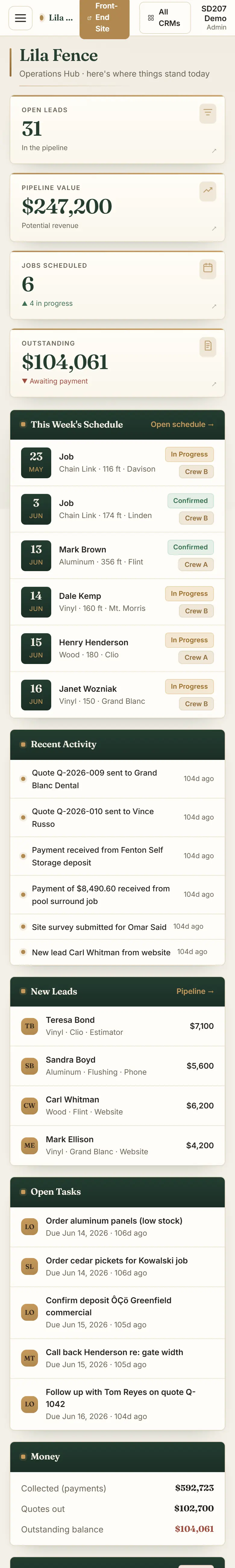 Lila Fence business system on a phone, sample data