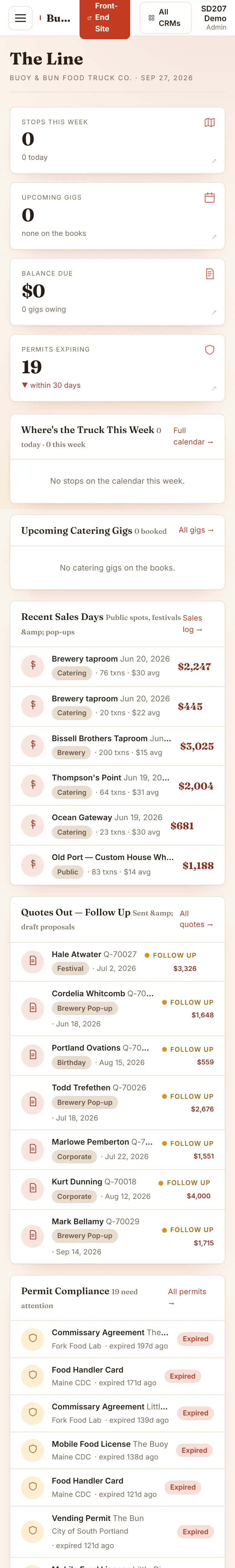 Buoy & Bun Food Truck Co. business system on a phone, sample data