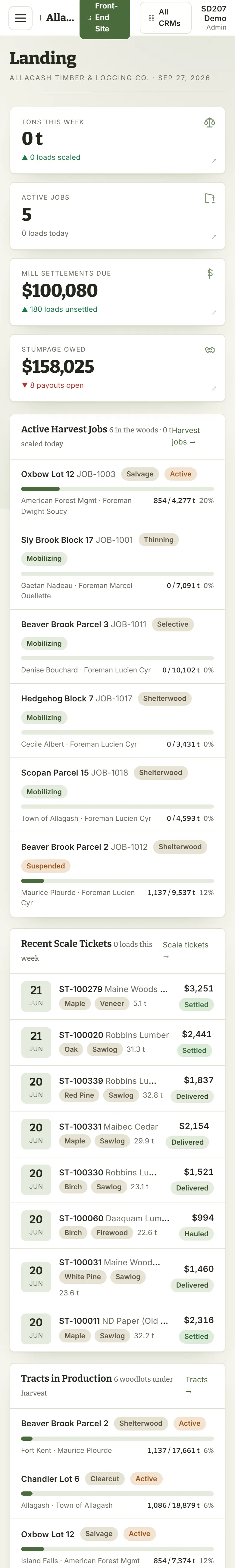 Allagash Timber & Logging business system on a phone, sample data