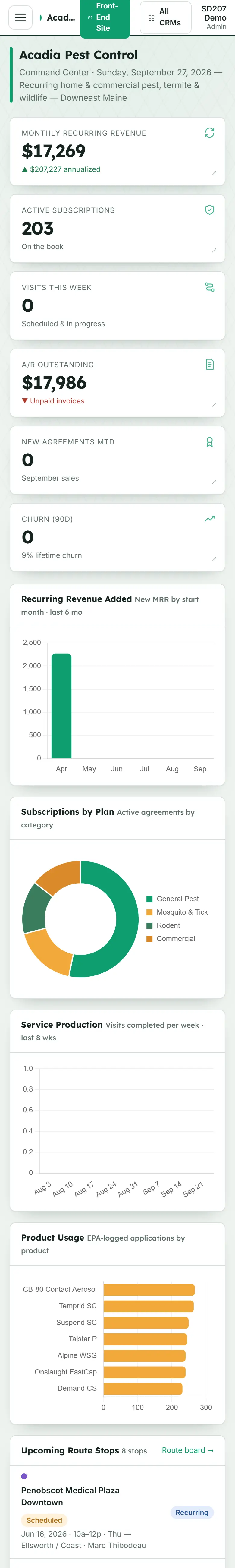 Acadia Pest Control business system on a phone, sample data
