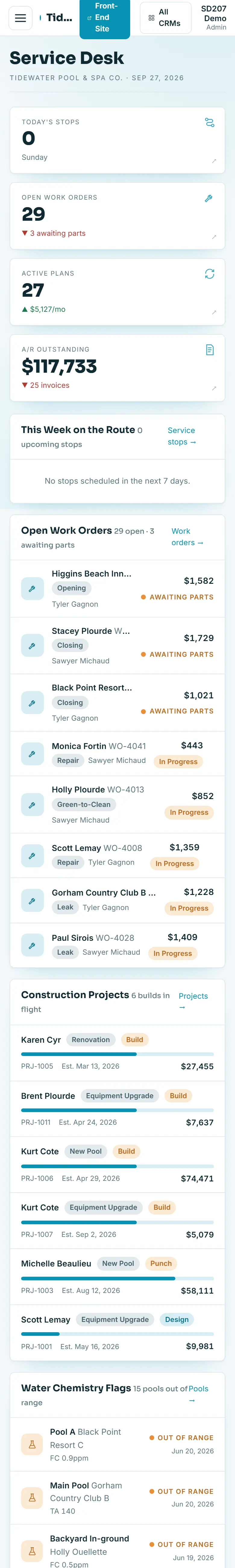 Tidewater Pool & Spa Co. business system on a phone, sample data