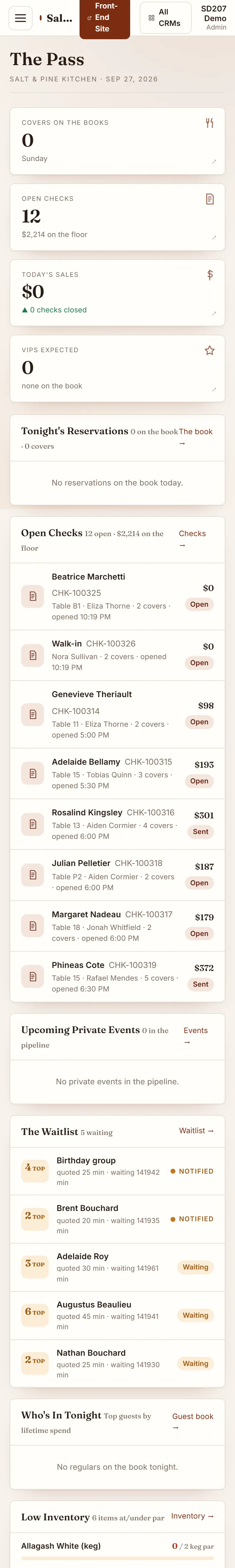Salt & Pine Kitchen business system on a phone, sample data