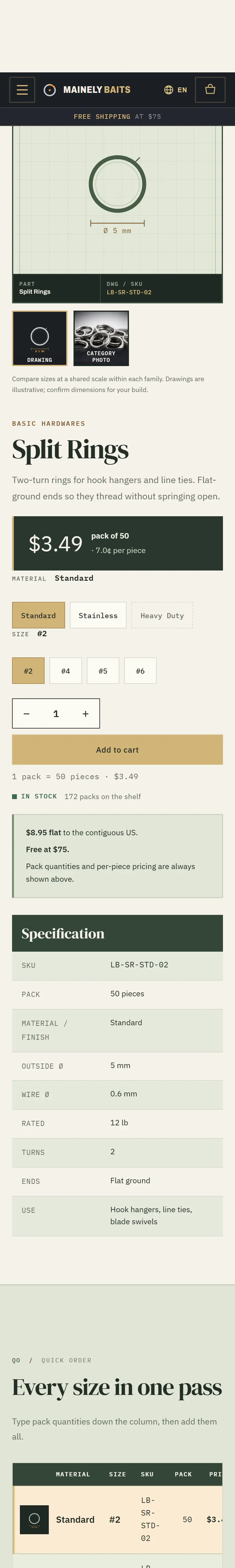 The split rings product page on a phone