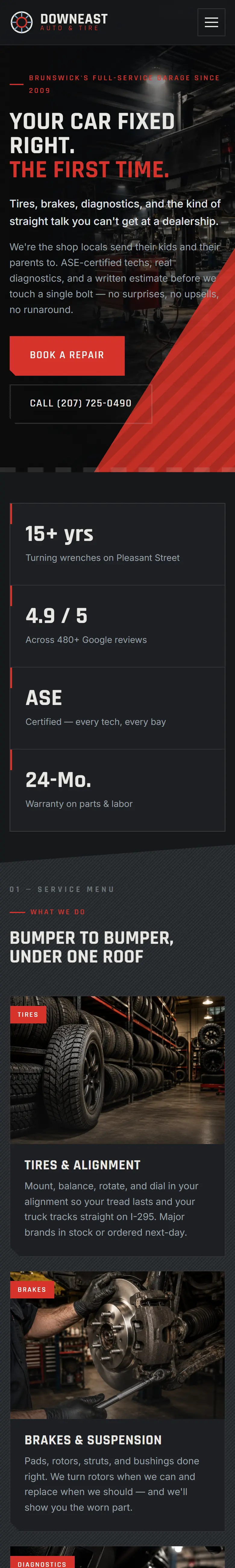 Downeast Auto & Tire website on a phone