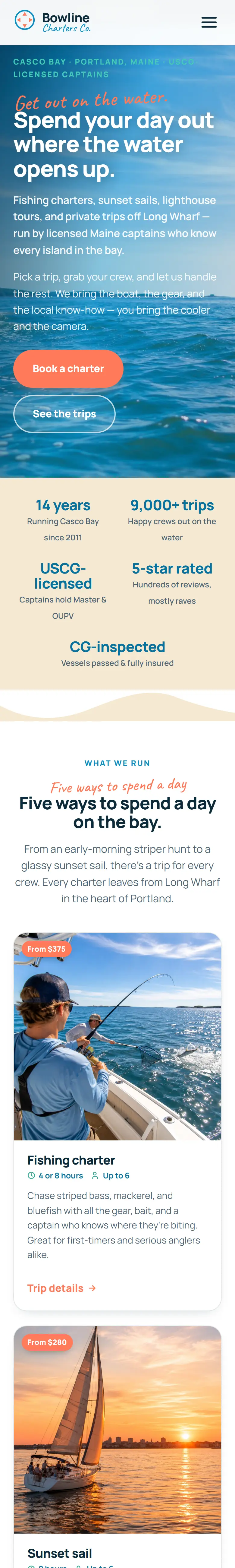 Bowline Charters Co. website on a phone