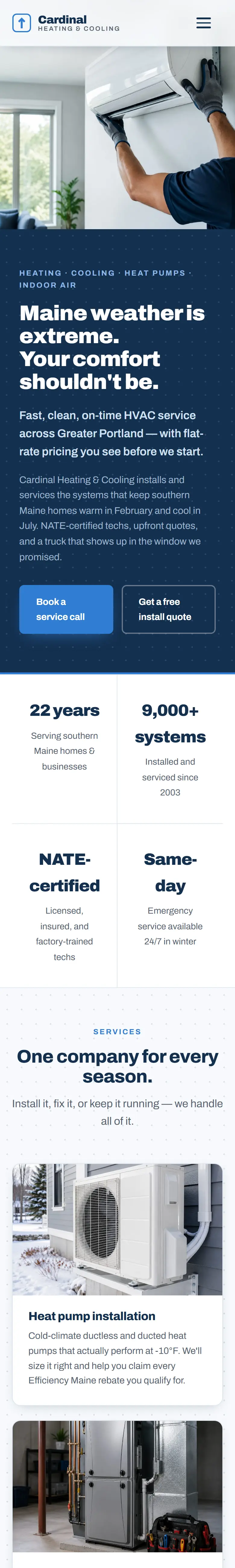 Cardinal Heating & Cooling website on a phone