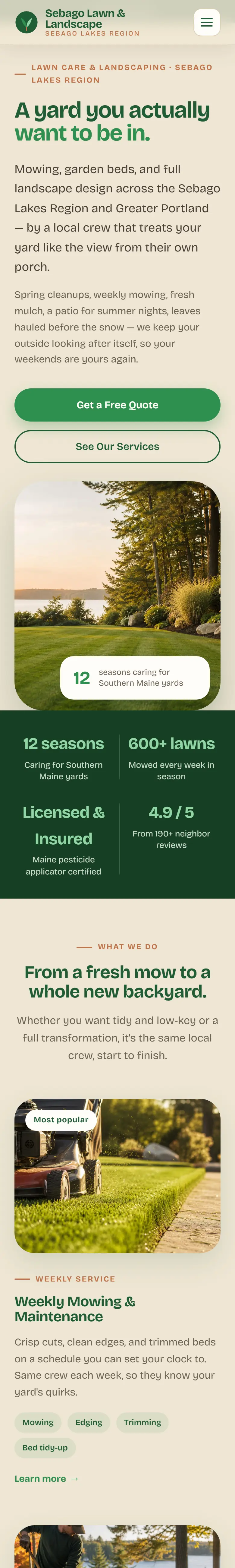 Sebago Lawn & Landscape website on a phone