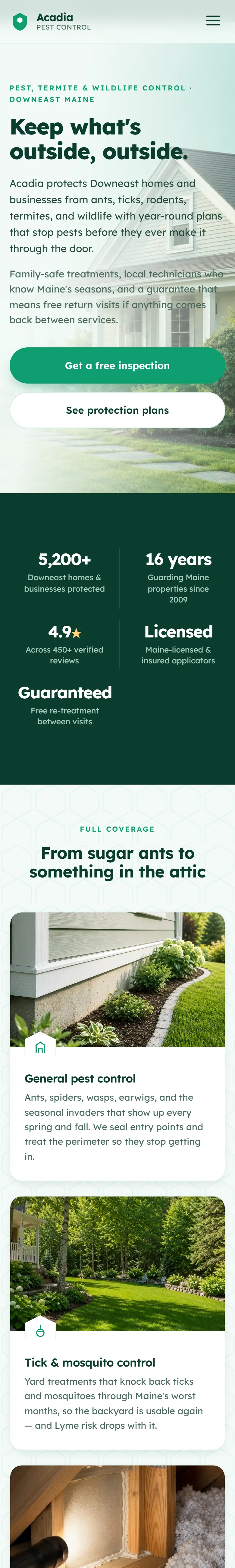 Acadia Pest Control website on a phone
