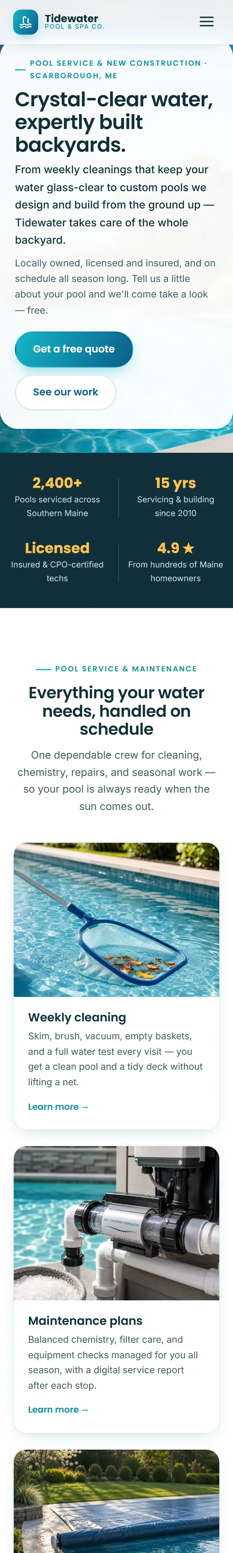 Tidewater Pool & Spa Co. website on a phone