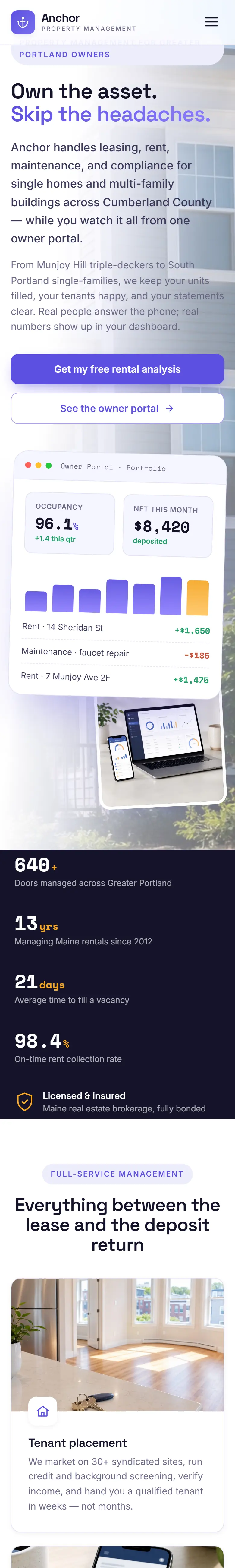 Anchor Property Management website on a phone