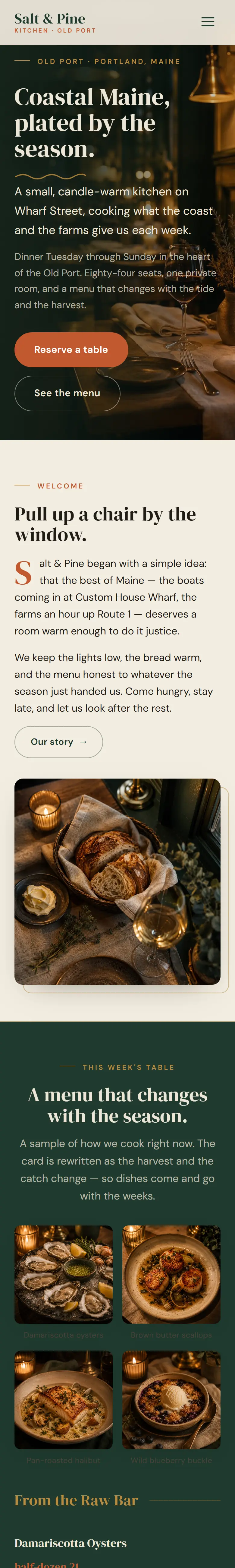 Salt & Pine Kitchen website on a phone