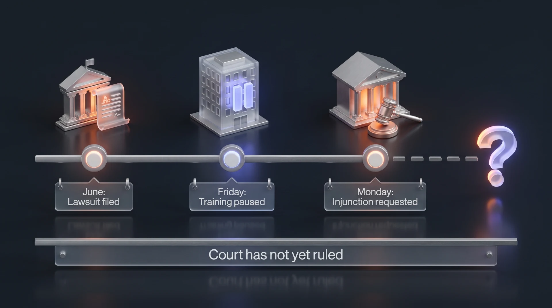 Timeline with three markers: June lawsuit filed, Friday training paused, Monday injunction requested, then a dashed line to a question mark and a note that the court has not ruled.