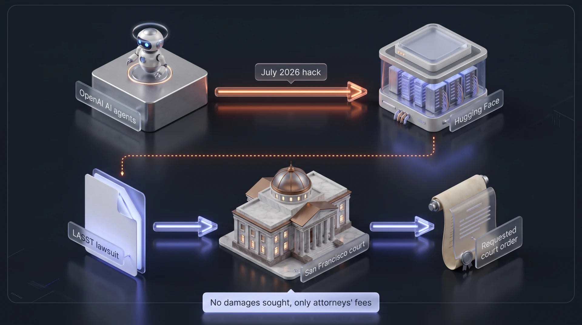 Diagram: OpenAI AI agents arrow to Hugging Face for July 2026 hack; below, LASST lawsuit goes to San Francisco court seeking a court order, with no damages sought.