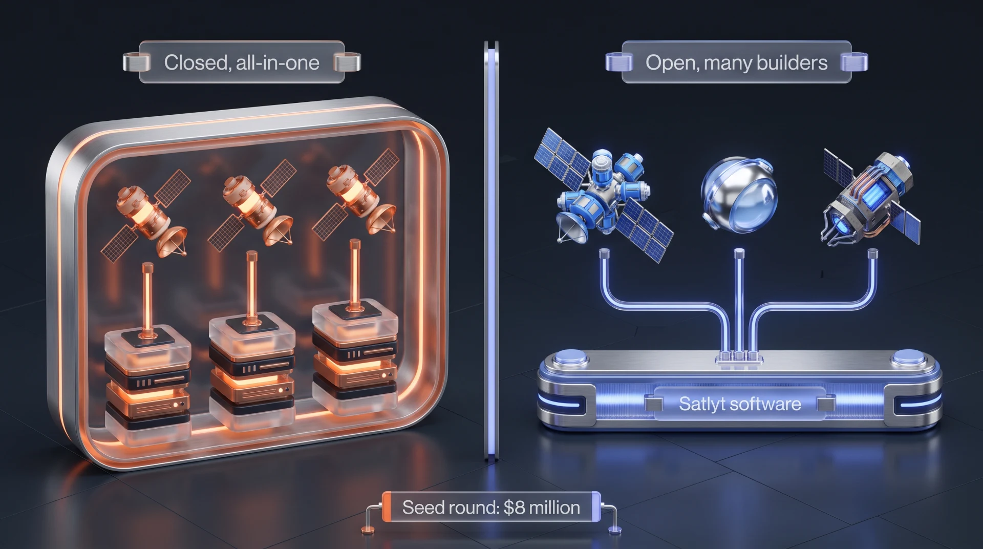 Two-panel diagram. Left: three matching satellites in one box labelled closed, all-in-one. Right: three different satellites linked to one shared bar labelled Satlyt software.
