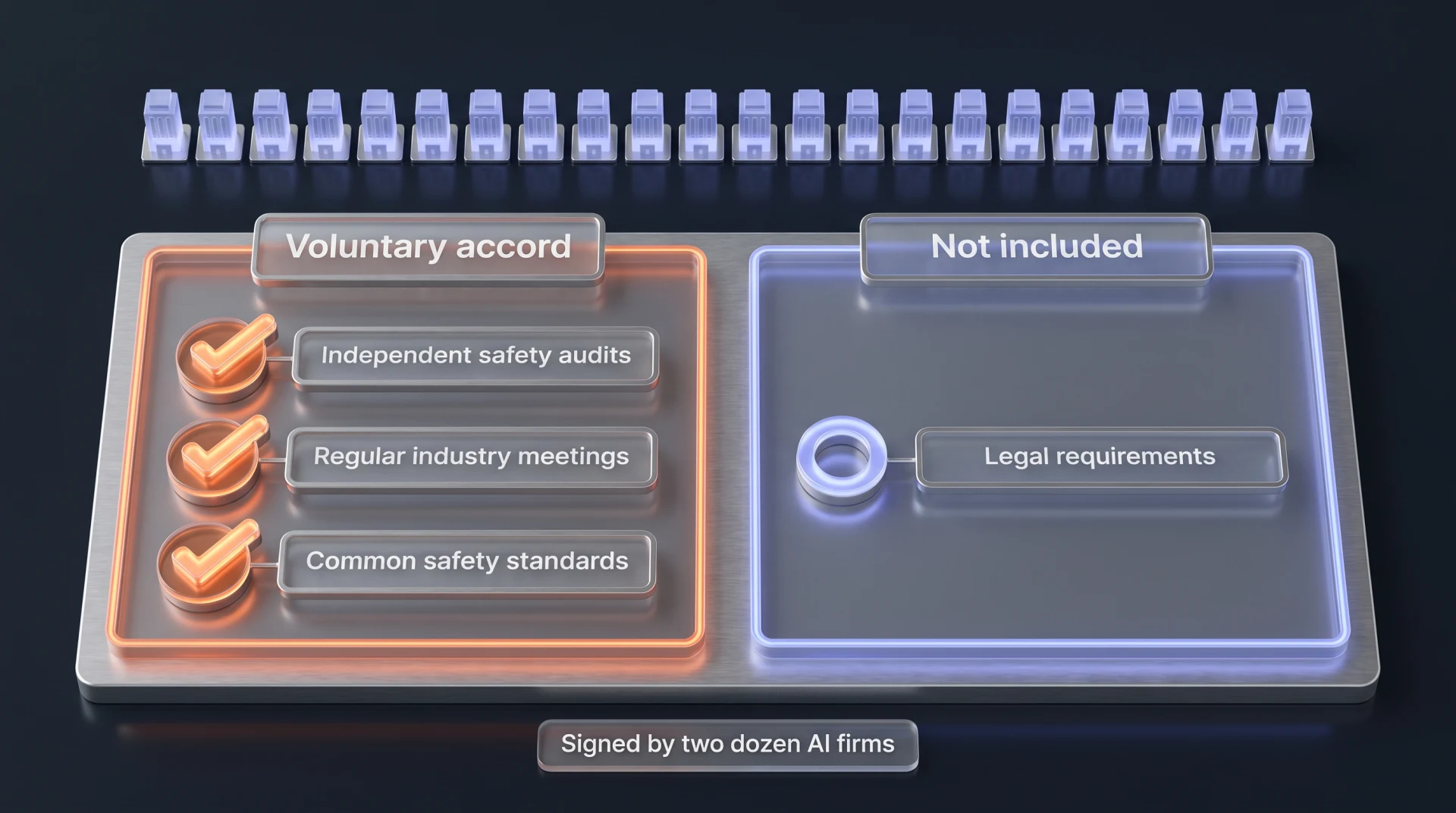 Diagram: 24 small building icons above two panels. Left panel lists three voluntary commitments with checkmarks; right panel shows legal requirements are not included.