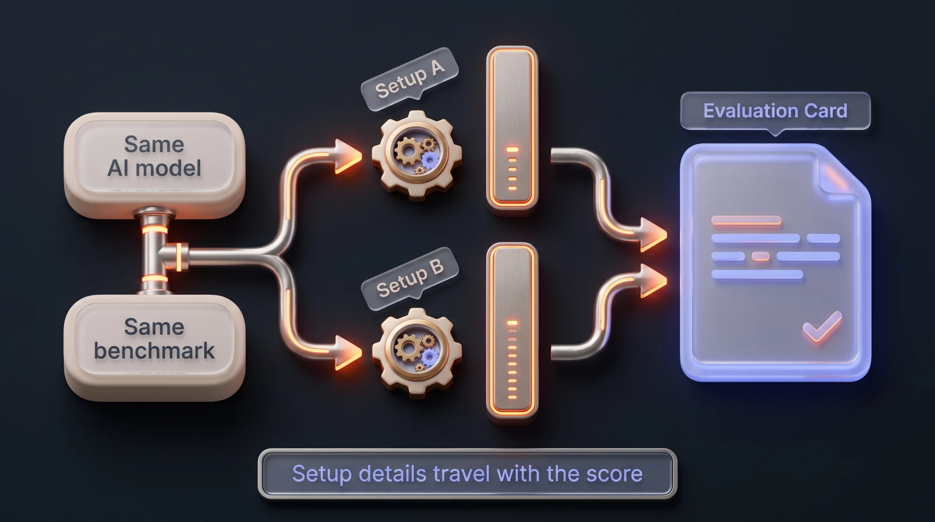 Diagram: one AI model and benchmark split into Setup A and Setup B, producing a short and a tall bar, both feeding into an Evaluation Card that records setup details.