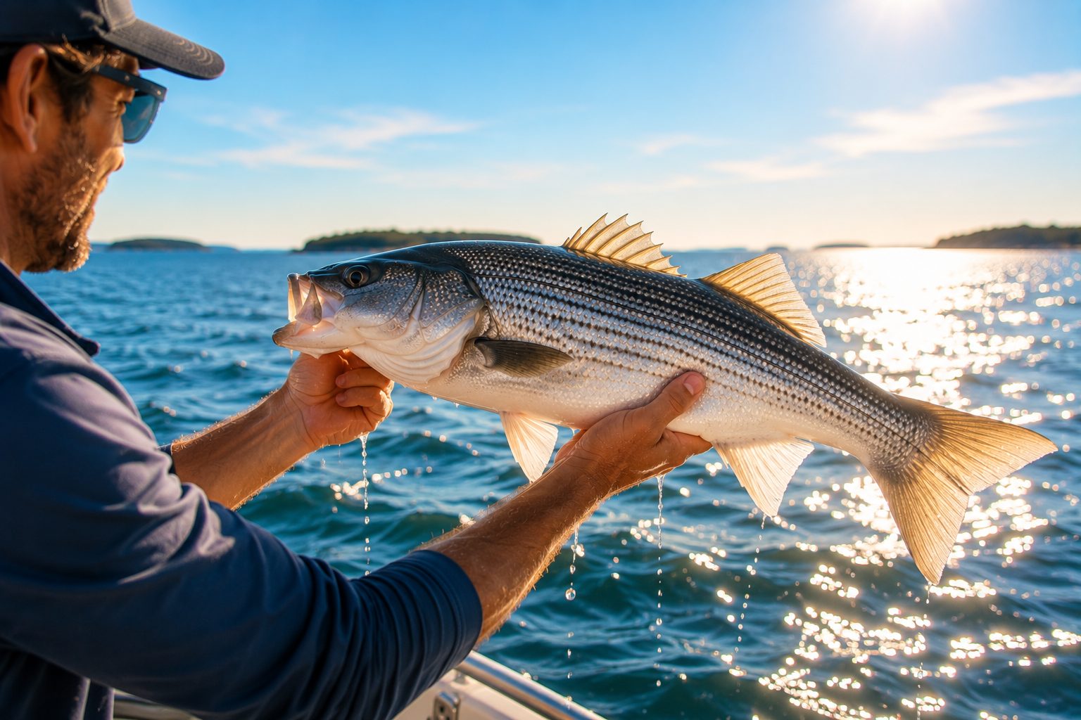 A fresh striped bass held up over the rail against sparkling blue Casco Bay water
