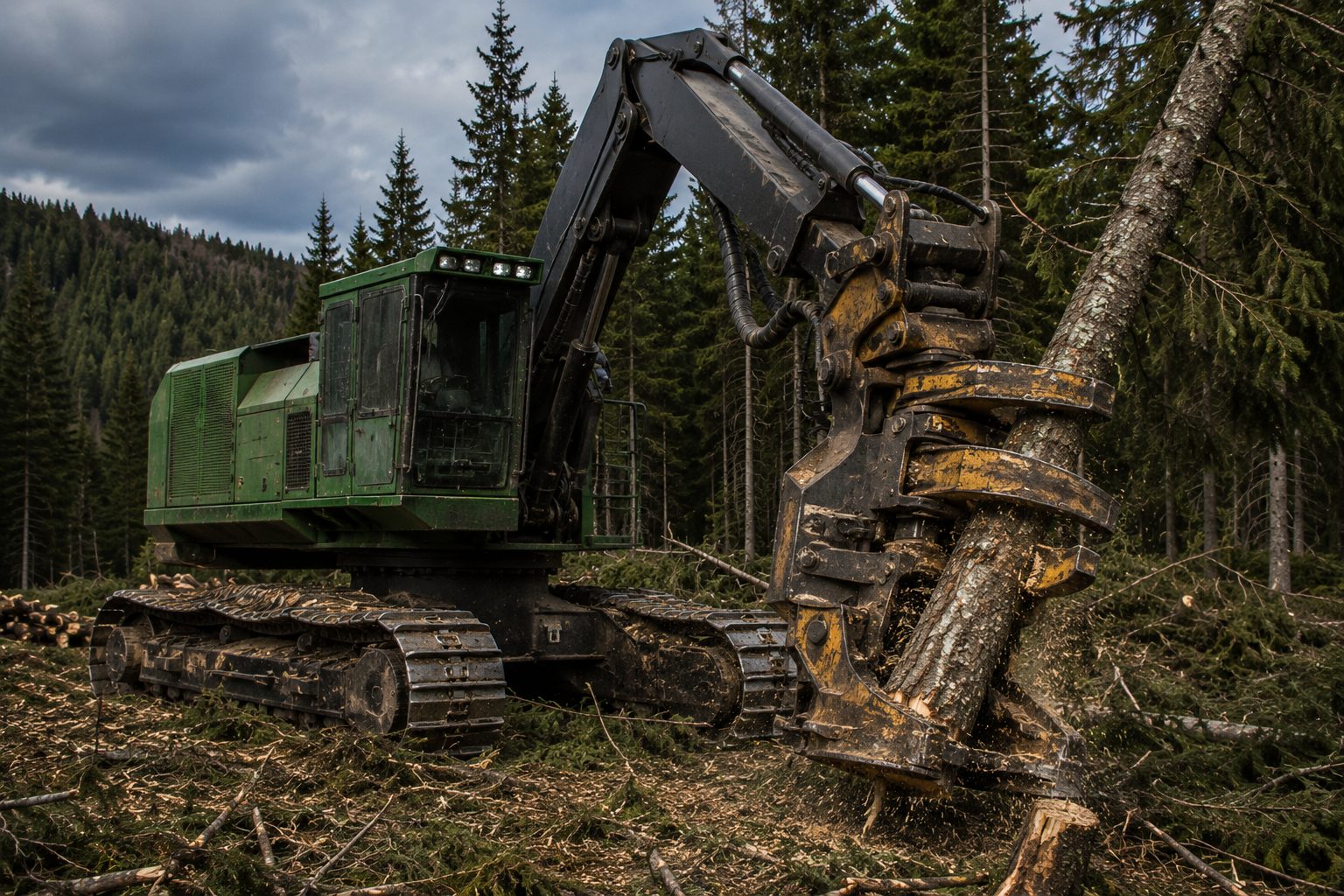 A muscular tracked feller-buncher shearing a softwood tree at a harvest site