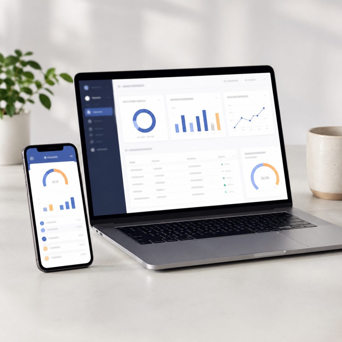 Laptop and phone showing owner-portal financial dashboards on a clean desk